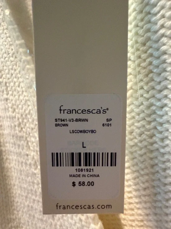 Francesca's Collections Cream Cardigan with Brown Boot Embroidery - Picture 3 of 4